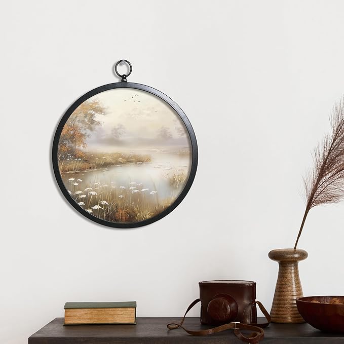 XIAOAIKA Vintage Wall Art with Metal Frame, Round Wood Print Featuring Foggy Lake and Trees, Boho Wall Decor for Living Room, Bedroom, Kitchen, 10 Inch