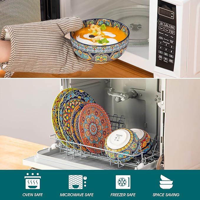 vancasso 18-Piece Dinnerware Sets,Ceramic Plates and Bowls Sets Service for 6, Bohemian Style Porcelain Dishes Set for 6, Microwave and Dishwasher Safe, Scratch Resistant,Non Toxic, Series KRVI