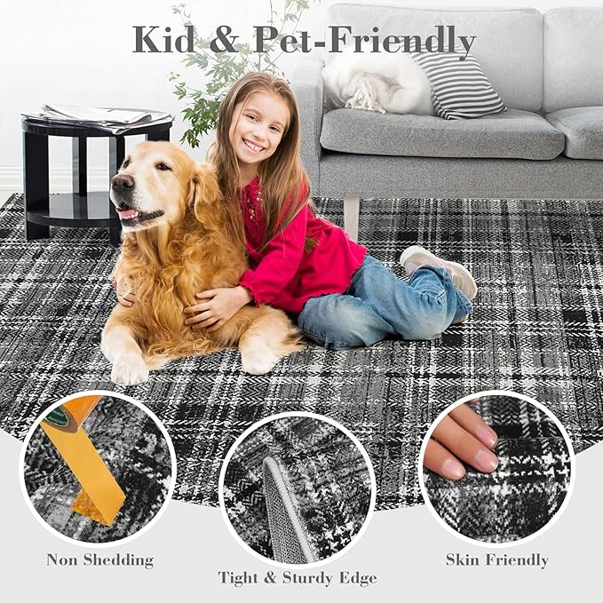 Washable Area Rug 5x7 Rug for Living Room Non Slip Modern Rug Soft Area Rug for Bedroom Farmhouse Black Plaid Throw Rugs Contemporary Stain Resistant Carpet for Dining Room 5'x7' Black/Grey