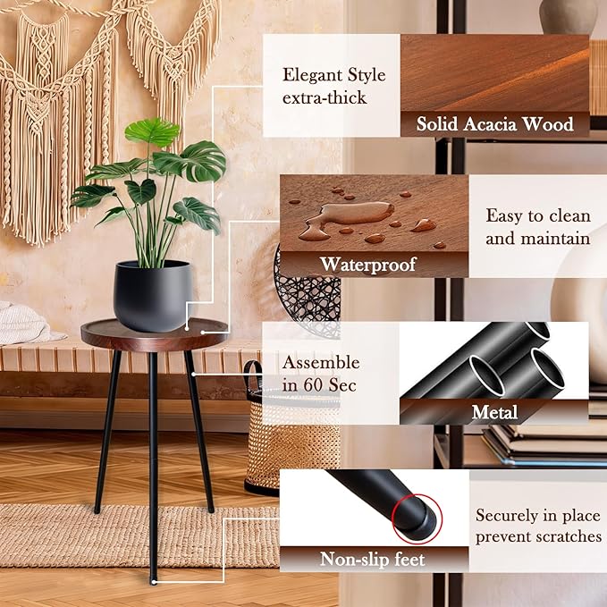 Klxuyuo Acacia Wood Plant Stand Indoor Tall Plant Holder Table with Raised Edges 12" W x 17" H Plant Riser for Inside Pot