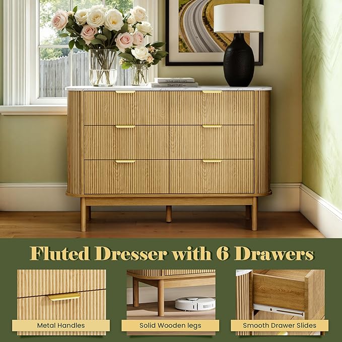 Fluted 6 Drawer Dresser for Bedroom, 47" Wide Chest of Drawers with Faux Marble Top & Curved Profile Design, Modern Dresser TV Stand, Wood Drawer Storage Organizer for Living Room, Natural