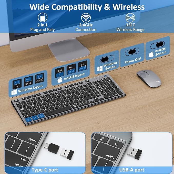 Wireless Keyboard and Mouse, GALENMORO Silent Quiet Combo Low Profile USB C Full Size Compact with Number Pad Flat Soft Touch Cordless for Mac Computer PC Laptop MacBook iMac Office - Black and Gray
