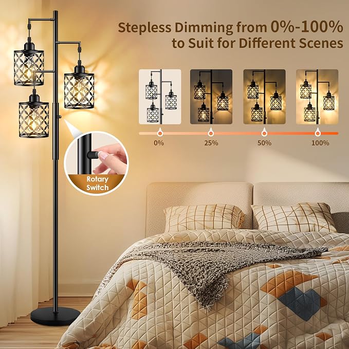 Dimmable Floor Lamp, Farmhouse Standing Lamp with Elegant Metal Cage, Industrial Tall Tree Floor Lamps for Living Room, Bedroom, Study Room, Office, 2400LM LED Bulbs Included - 68", Black