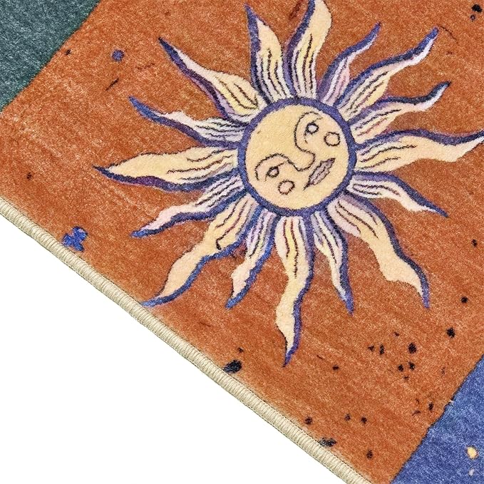 Boho Sun and Moon 3x5 Rug Washable Indoor Thin Doormat, Vintage Mystical Celestial Checkerboard Entryway Rugs Non Slip, Hippie Retro Aesthetic Cute Astrology Throw Rugs for Kitchen Bedroom