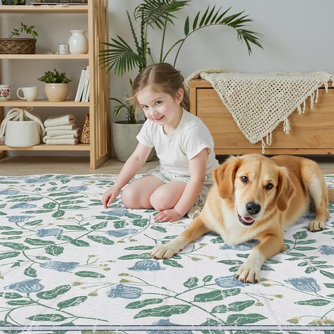 DCX Washable Botanical Floral Rug 3x5, Blue and Green Scalloped Rug, Non Slip Low Pile Carpet for Bedroom, Living Room, Kid & Pet Friendly