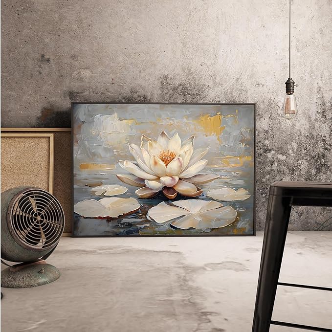Ethereal white lotus floating on Crystal Waters poster vintage oil painting printwall art soft blush and gold accents serene home and office decor dreamy 24x36in Metal blackFramed