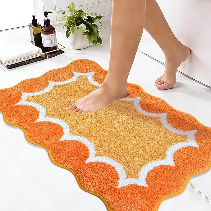 Scalloped Orange Bathroom Rugs Mat,Non Slip Absorbent Quick Dry Bath Mats for Shower Room,Plush Microfiber Bath Rug for Bathroom Floor Washable Carpet for Shower Tub Sink Bedroom,20"x32"