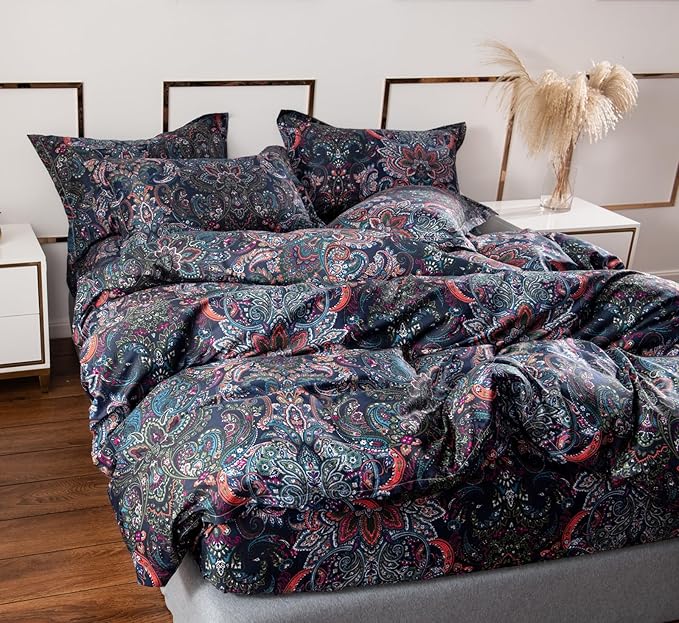 VM VOUGEMARKET Paisley Bedding Sets 3Pcs Brushed Cotton Duvet Cover Set King Size Rustic Damask Stormy Blue Floral Comforter Cover with Zipper Closure Boho Bedding Collections