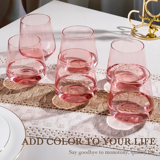 Pink Stemless Wine Glass Set of 6-17oz Wine Glasses, Stemless Drinking Glasses for Wine, Cocktails & Beverages - Elegant Glassware for Home, Bar & Holiday Use