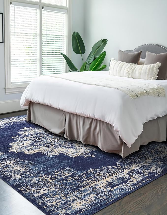 vivorug Round Rug 6ft Vintage Round Area Rug Non-Slip Indoor Carpet for Living Room Bedroom Entryway, Stain Resistant Home Decor Circle Rug, Navy Blue
