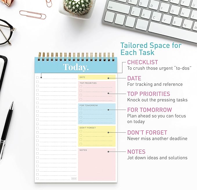 Sweetzer & Orange Daily & Weekly To Do List Notepad – Undated Work Planner & Organizer with Wish List Section, 52-Sheet Coiled Task Pad for Productivity – TURQUOISE To Do List Notebook for Work