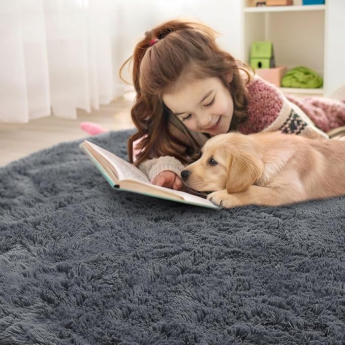 OLANLY Grey Round Rugs for Bedroom - Machine Washable, 9 ft Circle Area Rugs for Living Room, Soft and Fluffy Shaggy Carpet for Teen Girls and Boys, Nursery Rooms, Dorms, Home Decor Aesthetic