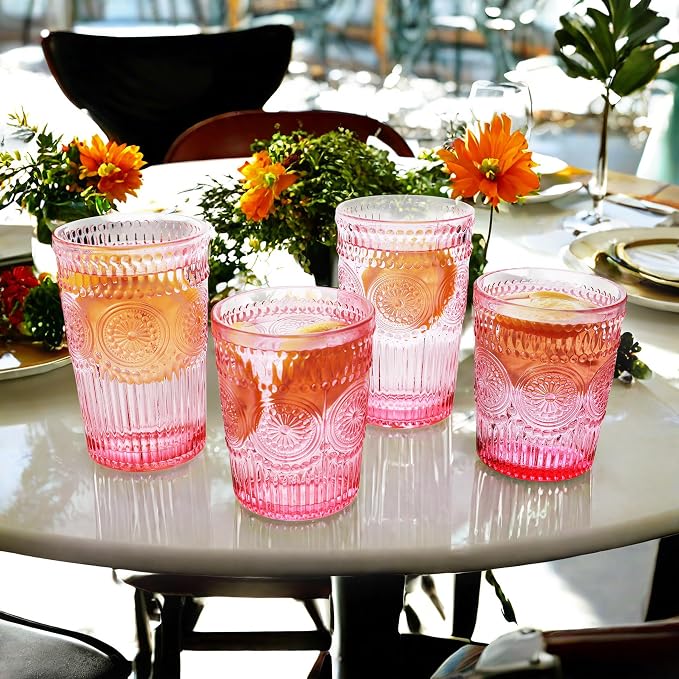 Loivttvv 12pcs Vintage Drinking Glasses Set, 12 oz Highball Glasses & 9 oz Embossed Ribbed Glassware Cups for Cocktail, Water, Juice, Coffee, Whiskey (Pink)
