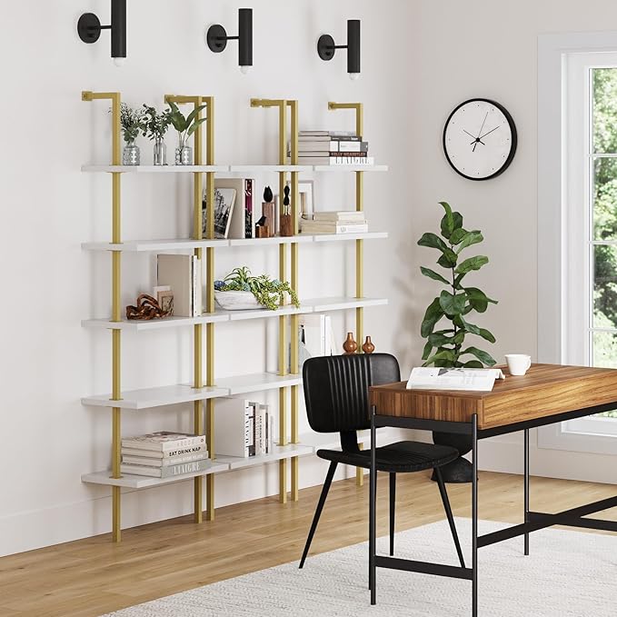 Nathan James Theo 5-Shelf Gold, Ladder Bookcase with Gold/Brass Metal Frame, White, Set of 3