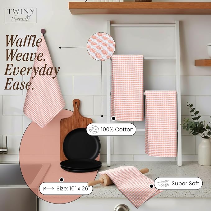 TWINY threads Circle Waffle Dish Towels 4 Pack, 16x26 Inches, 100% Cotton, Soft, Breathable, Durable, High Absorbency Dishcloth Set, Perfect for Daily Kitchen Use, Drying Glassware, Light Orange