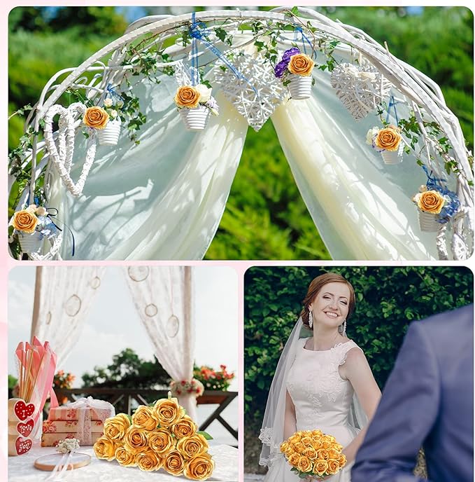 Jexine 50 Pcs Artificial Rose Flower Bulk Realistic Silk Fake Roses with Long Stem Plastic Artificial Flower Bouquet Real Looking for Home Wedding Centerpieces Party Decoration(Gold)