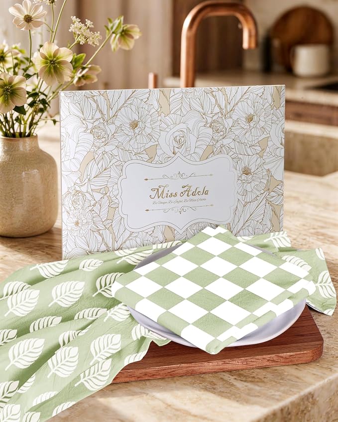 Miss Adola 2 Pack Flour Sack Kitchen Towels - 16x26 Inch Cotton Dish Towels with Hanging Loop Reusable Geometric Boho Modern Retro Tea Towel Absorbent Dishcloths Home Decor, Green Leaf