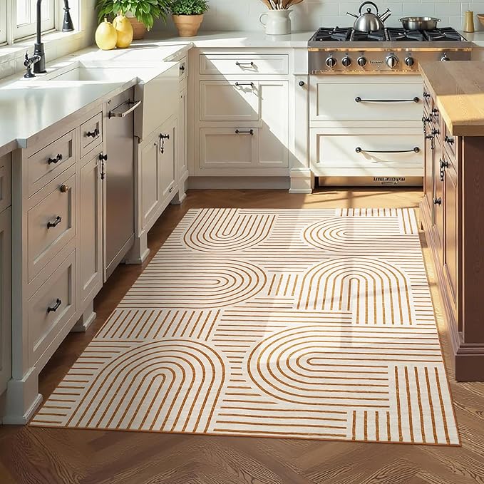 Washable 5x7 Modern Rainbow Small Area Rugs for Bedroom Low Pile Geometric Abstract Line Rug Soft Nursery Kids Room Carpet Thin Foldable Neutral Area Rug for Apart Dorm Kitchen, Orange