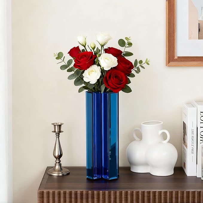 SHYFOY Blue Mirrored Vase - 12 Inch Tall Cross-Shaped Decorative Glass Flower Vases for Home Decor, Living Room Table Kitchen Fireplace Decor - Can’t Hold Water
