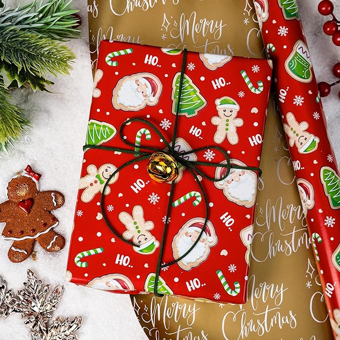MAYPLUSS Red Christmas Wrapping Paper Roll - 17IN X 33FT - Santa Gift Wrapping Paper Featuring Santa Claus Gingerbread Christmas Tree HO Candy Cane Reversible Gold for Kids, Holiday, New Year