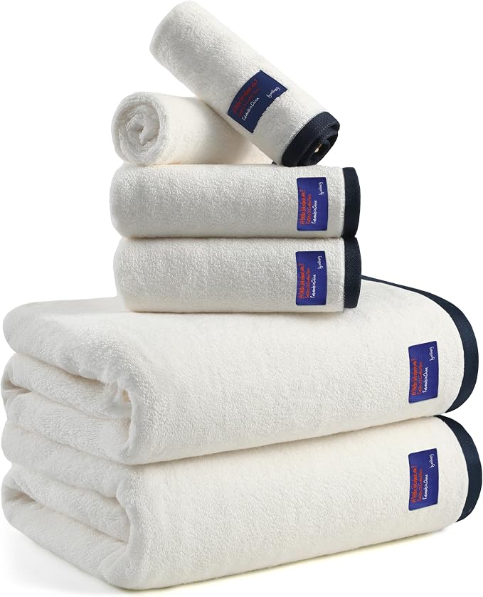 REDKISS 6 Piece Bath Towel Set, 100% Cotton, Soft Absorbent 600 GSM | Includes 2 Bath Towels, 2 Hand Towels & 2 Washcloths | Quick Dry | Contrast Border Design | Bathroom | Guest Bath & Apartment