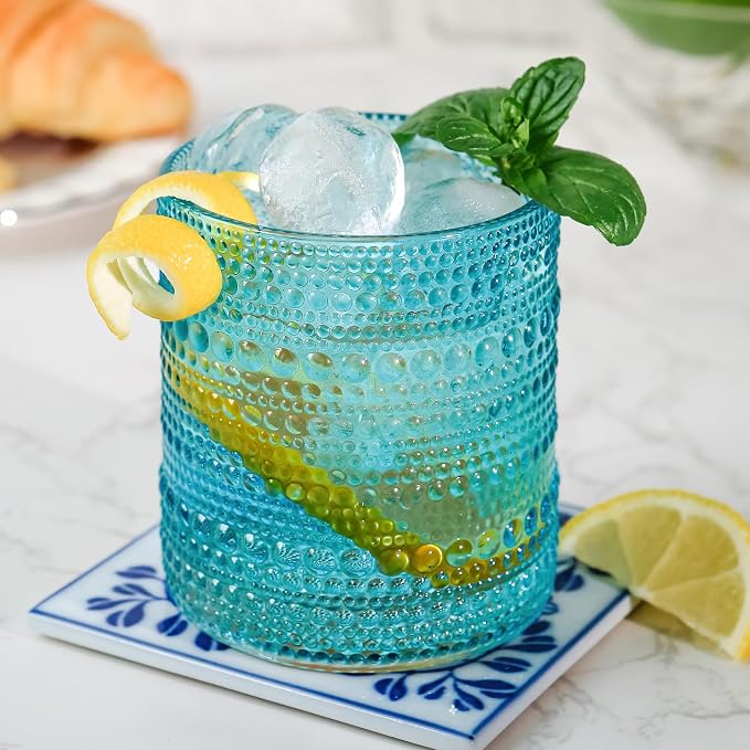 Kate Aspen Hobnail Beaded Drinking Glasses Vintage Glassware Set | Cocktail Glass Set, Juice Glass, Water Cups | Makes A Great Hostess Gift, Gift for Newlyweds (Aqua Blue)