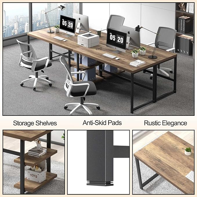 FOLUBAN 60 Inch Home Office Desk, Large Computer Desk with Storage Shelves, Modern Wood and Metal Writing Study Gaming Table Workstation for Living Room, Rustic Oak