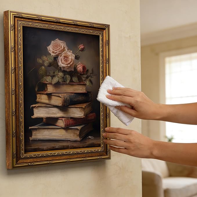 Vintage Gold Framed Retro Floral Books Wall Art Flowers Book Wall Decor Rose and Books Painting Pictures Retro Literary Pictures Artwork for study Gallery Living Room Bedroom 9X11in