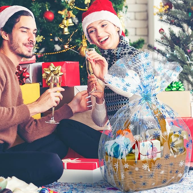 Christmas Cellophane Wrap Roll 100 ft Long 32 Inch Wide 3.1 Mil Thicken Long Film Wrapping Paper Plastic Gift Bags Large Basket Wrap for Xmas Decor Arts Crafts Flower(Clear, White, Blue,Snowflake)