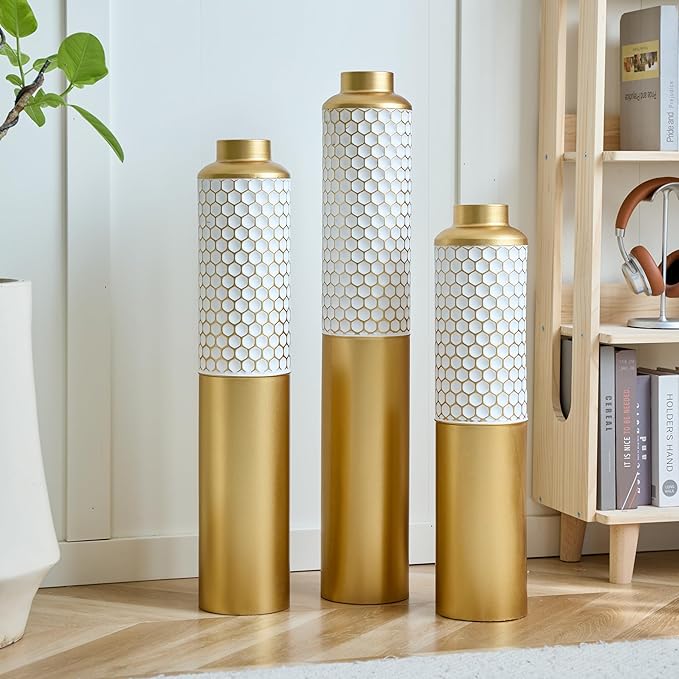 Metal Floor Vases Decorative, Set of 3 Flower Arrangement Stand, Gold＆White Hexagon Metal Floor Vases for Living Room, Bedroom & Entryway, 32.6", 28.34", 24" H (Gold＆White Hexagon)