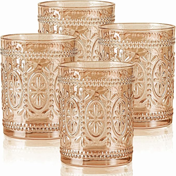 abrwyy Amber Glassware set of 4, Vintage Drinking Glasses, 10oz Heavy Duty Glass Cups, Colored Glassware Set, Embossed Glasses Set for Party Wedding Home Office Gift