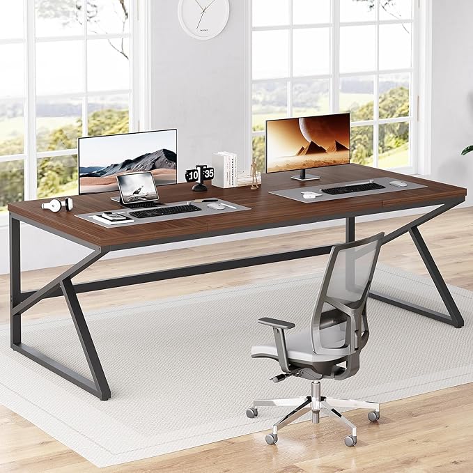HSH 70 Inch Long Walnut Desk, 2 Person Large Work Desk for Home Office, Rustic Wood and Metal Executive Writing Study Gaming Computer Table, Modern Bedroom Living Room PC Laptop Dual Monitor Table