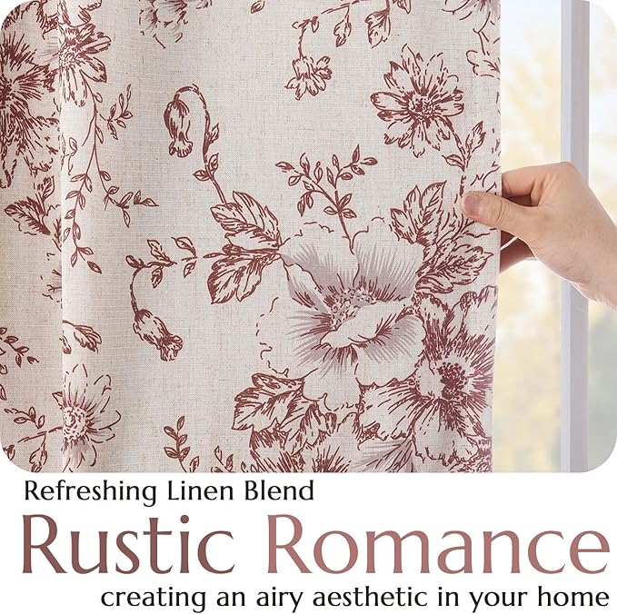 jinchan Blackout Floral Curtains Linen Blend Curtain for Living Room 84 Inch Length Christmas Brick Red Flower Printed Drapes for Bedroom Rod Pocket Back Tab Farmhouse Curtains Set 2 Panels