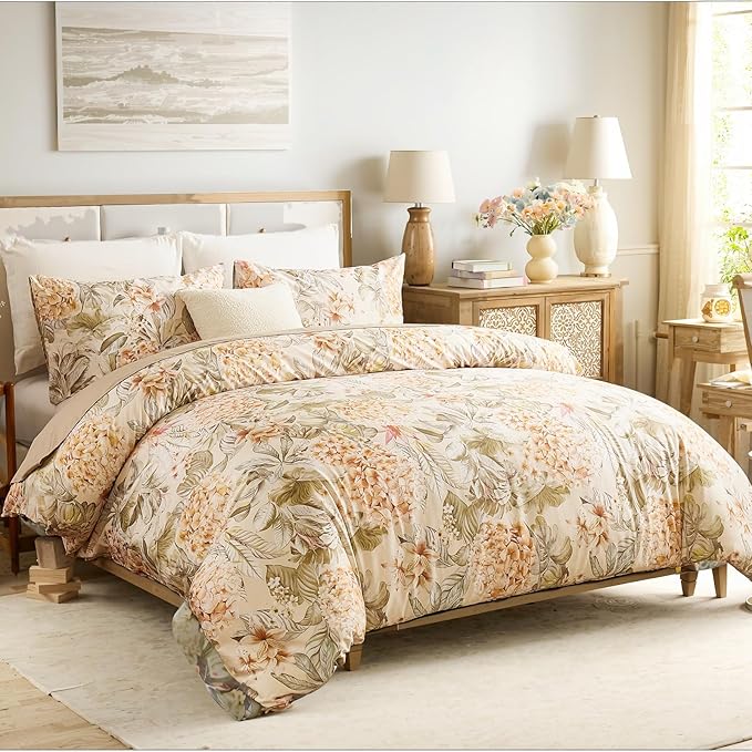100% Cotton Duvet Cover King Size – Hydrangea Lily Floral Duvet Cover Set with Zipper Closure & Corner Ties, 3-Piece Silky Soft & Breathable Apricot Bedding Set for All Seasons