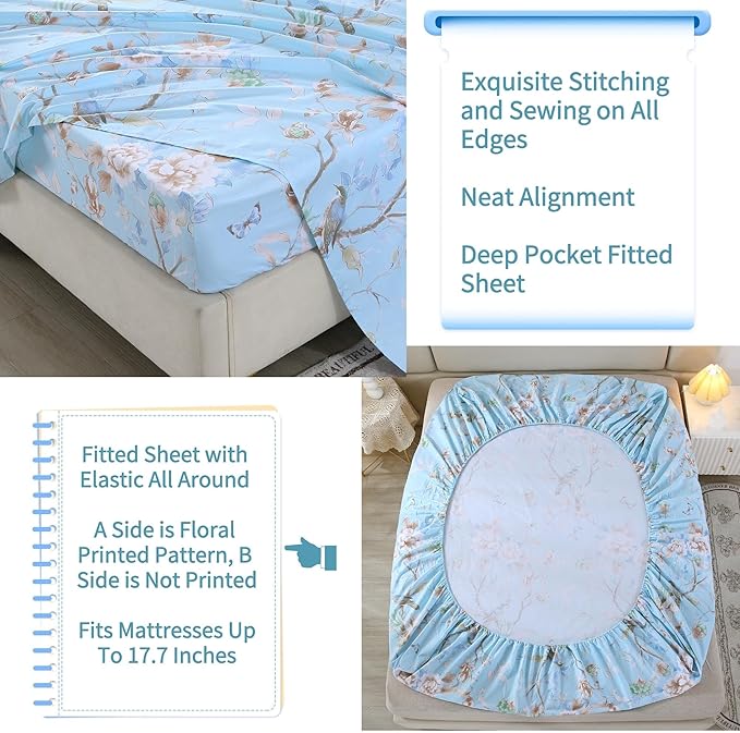 RYNGHIPY Egyptian Cotton Bed Sheet Set Blue Bird Botanical Pattern Bed Sheets Deep Pocket Fitted Sheet Tree Branches Print Bedding Soft Breathable (Light Blue,Full Size)