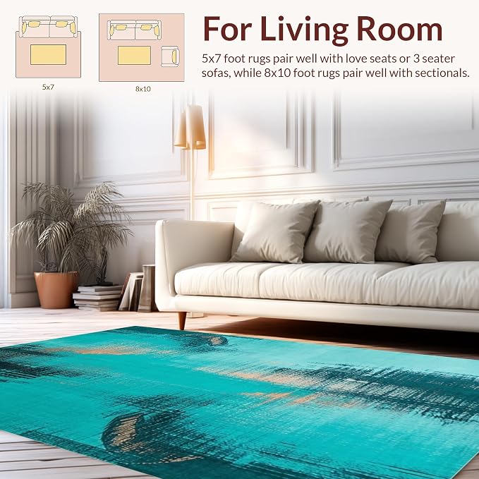 Flatwoven High Traffic Area Rug 5x7, Verdigris Patina Abstract Swirls and Brushstrokes, Non Slip, Stain Resistant, Washable Area Rugs for Living Room, Bedroom (Teal, 5x7)