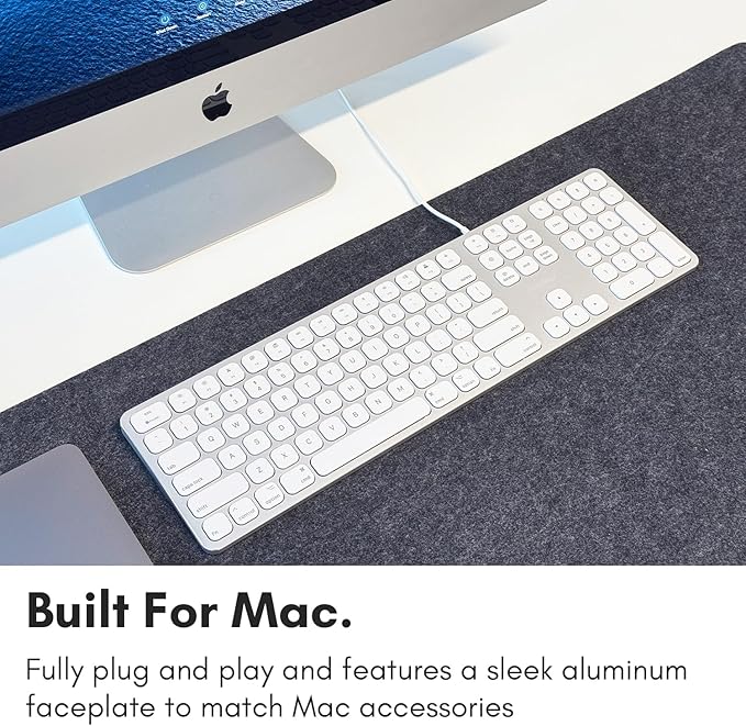 Macally Premium Wired Mac Keyboard with 2 Port Hub - Full Size with Numeric Keypad - Extended USB Keyboard for Mac mini/Pro, iMac, MacBook Pro/Air (Silver Aluminum)