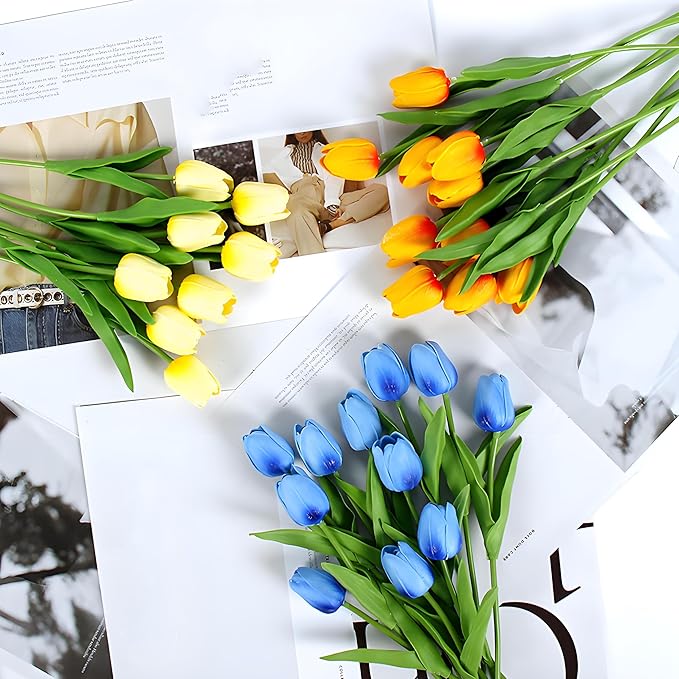 10 Pcs Blue Tulips Fake Artificial Flowers Real Touch 13" Silk Flower for Home Decor Wedding Bouquet Decorations Floral Arrangements