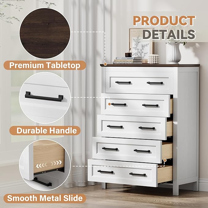JUMMICO White Dresser Tall for Bedroom,Wooden 5 Drawer Dresser for Nursery,Chest of Drawers for Bedroom, Closet Storage Organizer for Living Room, Hallway, Closet (Brown&White)