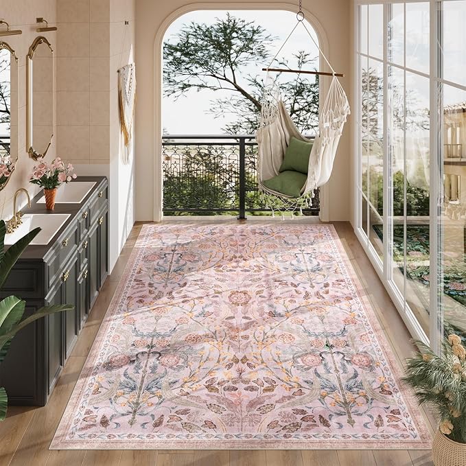 AMTOVO 6x9 Washable Area Rugs for Living Room, Non-Slip Colorful Floral rug, Soft Boho Vintage Accent Printed Pattern Carpet for Bedroom Girls Room Dorm Dining Room Farmhouse Nursery Home Office, Pink