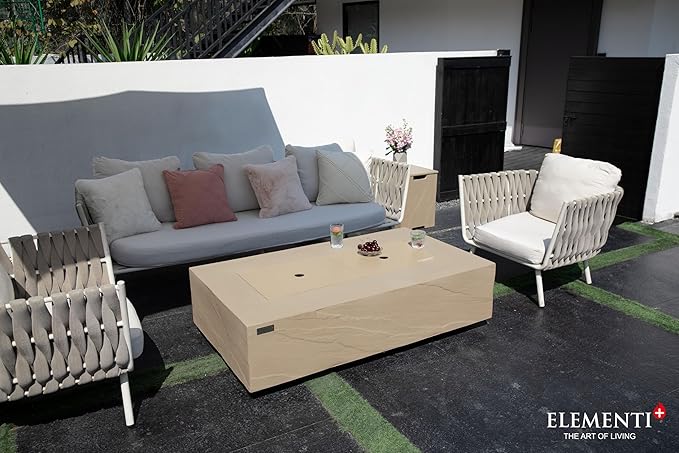 Elementi+ | Bundle Colorado Gas Fire Pit Cast Concrete 56" Rectangular Fire Table | Electronic Ignition | Canvas Cover, Fire Glass and Burner Lid Included | Sunlight Yellow | Propane Gas