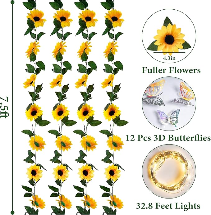 4 Pack Sunflower Garland Decor,7.5ft Artificial Sunflower Vines with Lights,Hanging Fake Silk Flower Garlands for Table Centerpieces Wedding Party Birthday Decorations