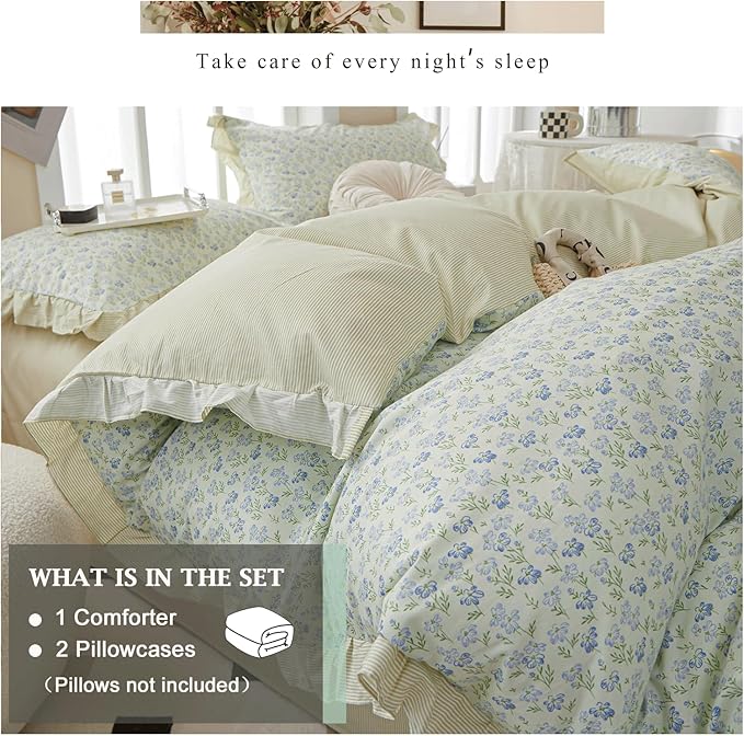VM VOUGEMARKET Green Ruffle Comforter Set Queen Girls Blue Flower Comforter with 2 Lace Pillow Shams Romantic Cottagecore Bedding Set for All Seasons(3pcs,Queen)