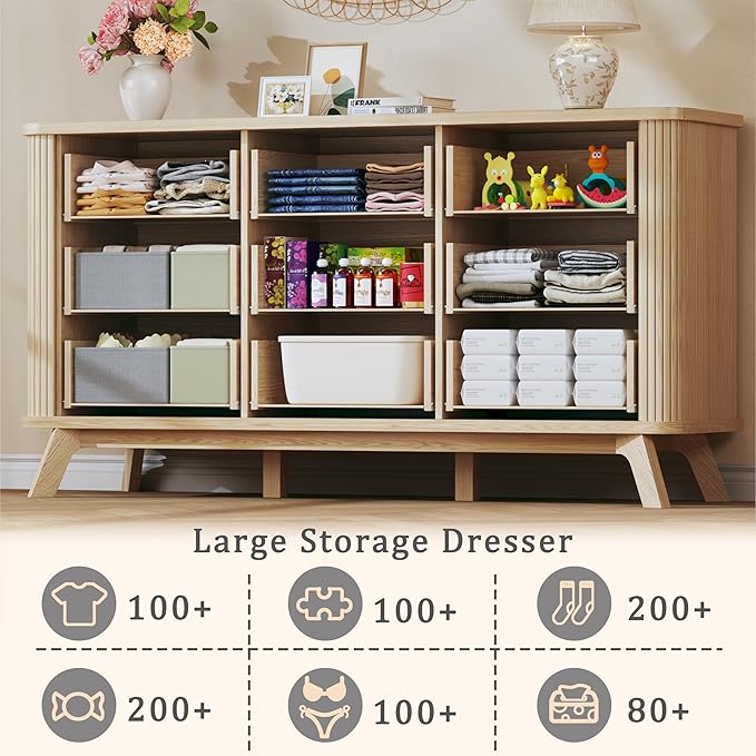 Fluted 9 Drawers Dresser for Bedroom, 60" Mid Century Modern & Chests of Drawers, Curved Profile Design, Dresser TV Stand, for Living Room, Entryway, Hallway, Oak
