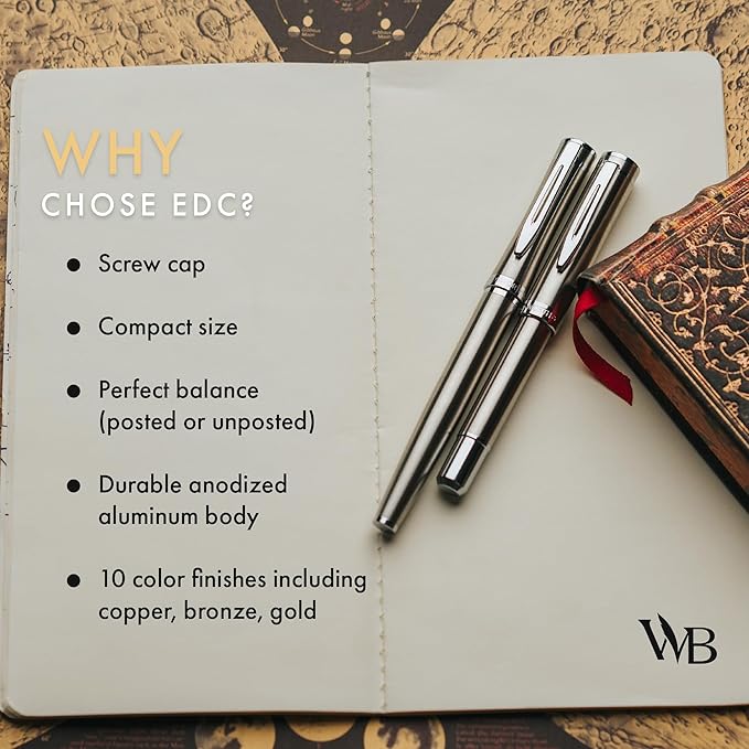 Wordsworth and Black Fountain Pen Mini EDC: Luxury Silver Heavy Pocket Pen, Chrome Finish, Medium Nib, 6 Ink Cartridges, Ink Converter, Travel Refillable Writing Pen Gift Set, Men & Women