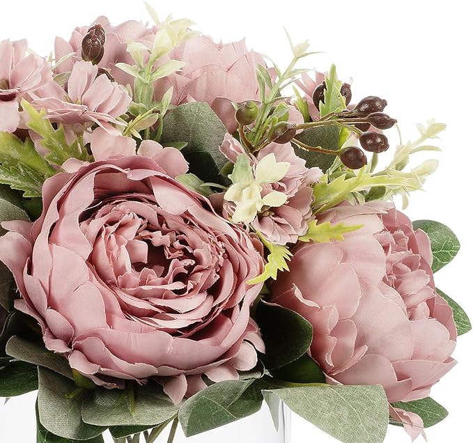 ENOVA FLORAL Artificial Flower Arrangement with Vase,Mixed Artificial Fake Silk Peony Flower in Vase for Decoration Home Office, Wedding Centerpiece (Purple01)
