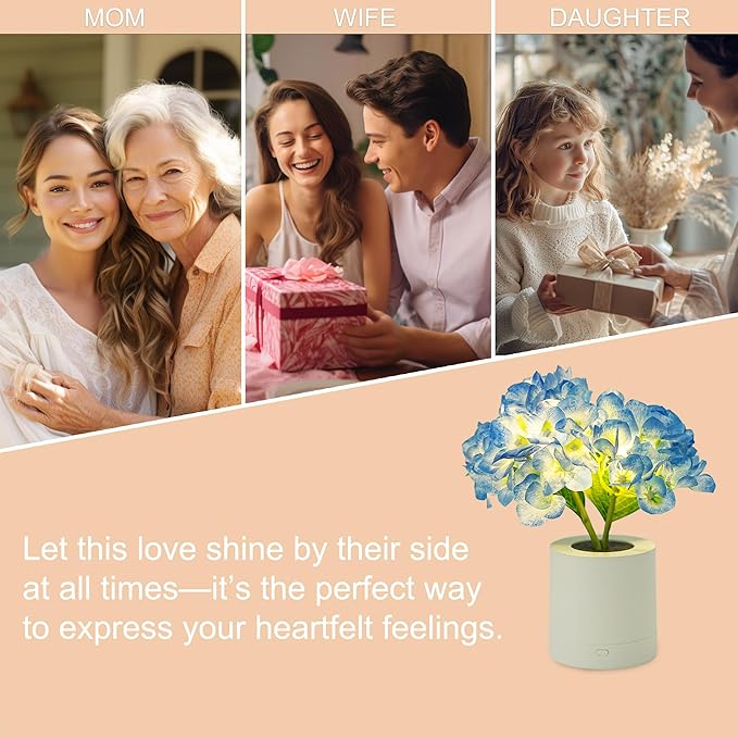 WSYEAR Blue Artificial Hydrangea LED Flower Lamp -Christmas Birthday Gifts for Women, Artificial Hydrangea Flower Table Lamp Decor for Bedroom Bar Coffee Shop Wedding