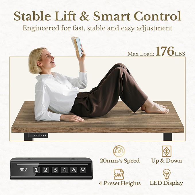 70" Standing Desk with Storage, Executive Electric Height Adjustable Stand Up Desk with AC/USB and Privacy Panel, Large One-Piece Destop, Rattan Computer Desk for Home Office, Natural Oak