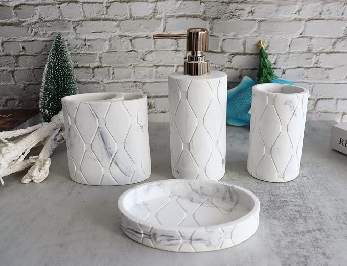 Hymmah Bathroom Accessories Set,Marble Design Toothbrush Holder,Farmhouse Bathroom Decor,4 Pcs Resin Gift Set Apartment Necessities, Contain Toothbrush Cup,Soap Dispenser,Soap Dish,Tumbler