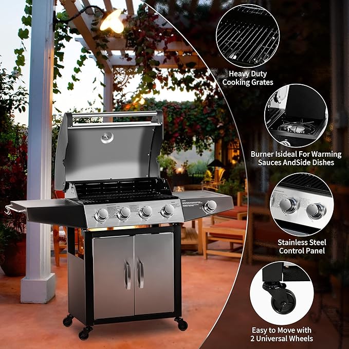 MASTER COOK 4 Burners Gas Grill, 518 Sqin Cooking Area, 52,000 BTU Propane Grill with Side Burner, Stainless Steel Cabinet Grill, Silver & Black
